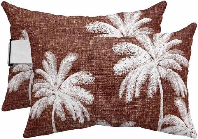 Pack of 4 Outdoor Lumbar Pillow Covers 11x16 Inch, Brown Palm Trees Waterproof Throw Pillow Covers Set, Farmhouse Tropical Summer Beach Indoor&Outdoor Decorative Cushion Cases for Patio Porch Car