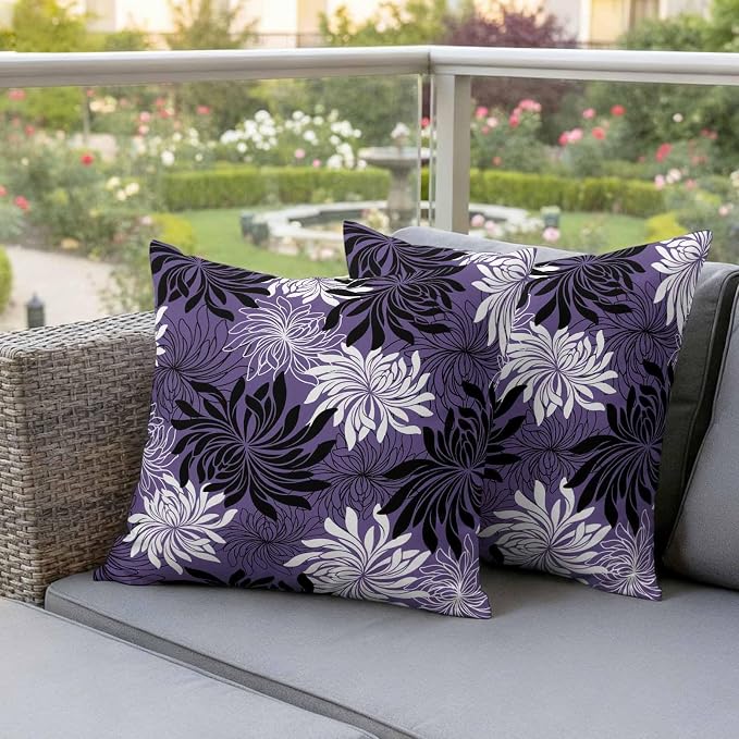 Yukro Purple Black Floral Outdoor Waterproof Pillow Covers Pack of 2, Vintage White Black Flower Purple Decorative Throw Pillowcases Cushion Covers for Garden Patio Tent Sofa Couch, 20x20 inch