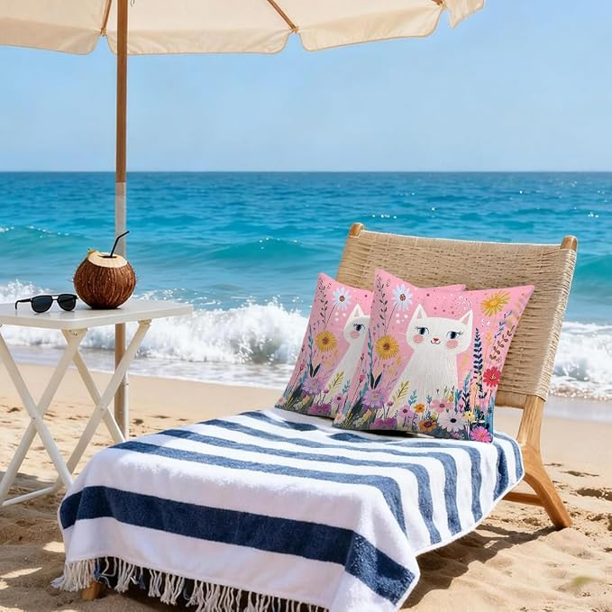 20x20 Inch Outdoor Pillow Covers Set of 2 Waterproof Throw Pillow Covers Decorative Couch Cushion Covers Pink Cat Garden Flowers Square Pillowcases Protectors for Patio Garden Sofa