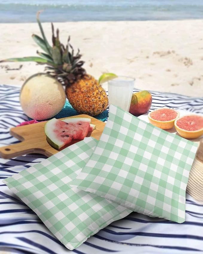 Outdoor Waterproof Throw Pillow Covers Set of 2 Light Green Buffalo Check Plaid Pillowcases 26x26 Inches Farmhouse Style Patio Decorative Pillows Cushion Case Patio Pillows for Couch Bed Chair Garden