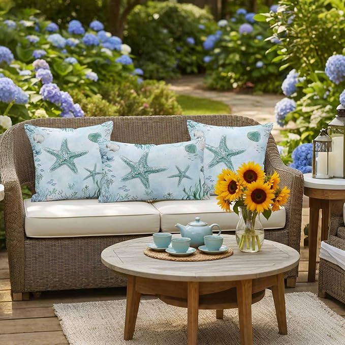 Coastal Starfish Waterproof Outdoor Pillow Covers Set of 2 Home Decor, Nautical Coral Tropical Fish Seashells Pillowcase Patio Pillow Covers for Couch Bench Furniture Garden 20x12in