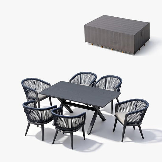 PURPLE LEAF Outdoor Dining Set with Waterproof Furniture Cover 7-Piece All-Weather Patio Set for 6 with Gray Aluminum Table Rope Weave Chairs and Cushions, Gray