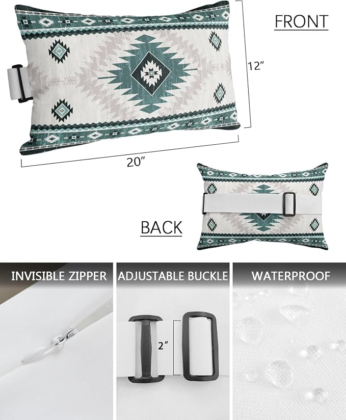 Outdoor Pillows Waterproof Covers Set of 2, Green Bohemian Adjustable Elastic Chaise Lounge Headrest Pillow Covers, Aztec Boho Tribal Decorative Lumbar Pillow for Pool Patio Furniture 20x12 Inch
