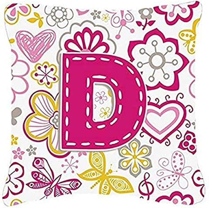 Caroline's Treasures CJ2005-DPW1818 Letter D Flowers and Butterflies Pink Fabric Decorative Pillow 100% Machine Washable Pillow, Indoor or Outdoor Decorative Throw Pillow for Couch, Bed or Patio