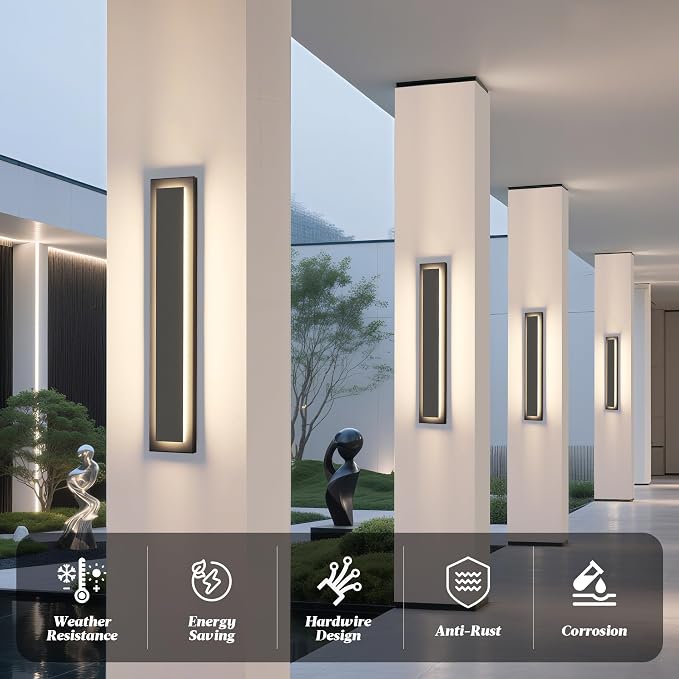 Modern Outdoor Wall Lights,24 in Long Exterior Lighting Fixtures | Black LED Outdoor Wall Sconce For House,Porch,Garage,Front Door, Patio,IP65 Waterproof,3000K Warm White 24W, 2 Packs