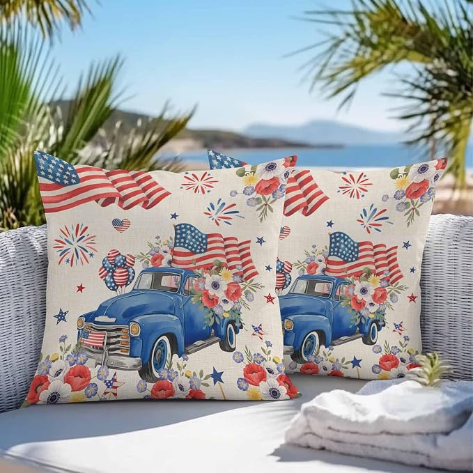 Independence Day Outdoor Pillow Covers Set of 2,Farm Truck USA Flag Poppy Decorative Waterproof Throw Pillow Case Retro Patriotic Fireworks Cotton Linen Soft Cozy Cushion Pillowcases 20x20In