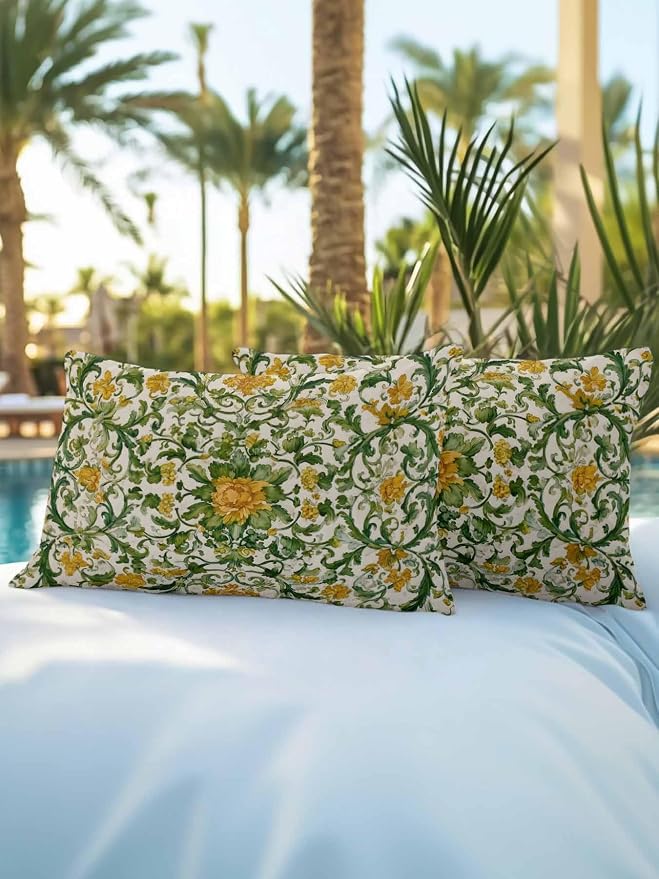 Outdoor Pillows with Inserts Set of 2 12x20, Yellow Green Boho Waterproof Outdoor/Indoor Throw Pillows, Classic Floral Farmhouse Botanical Decorative Pillow for Bed Couch Sofa Patio Furniture