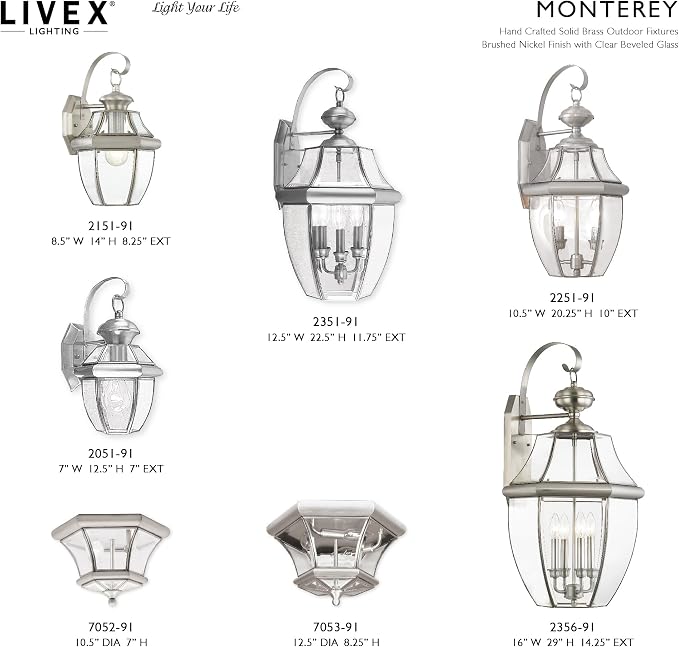 Livex Lighting 2051-91 Monterey 1 Light Outdoor Brushed Nickel Finish Solid Brass Wall Lantern with Clear Beveled Glass | Clear Beveled Glass; Solid brass construction