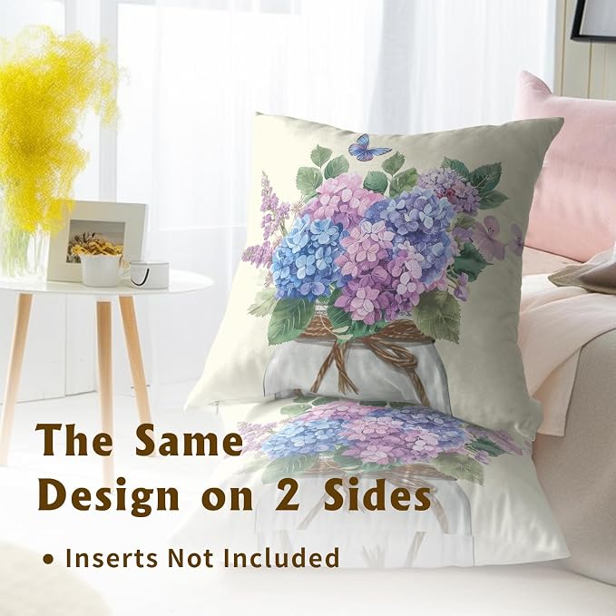 Hydrangea Flower Throw Pillow Cover Set of 2 16x16 Inch Vintage Blue Purple Floral Jar Watercolor Decorative Couch Pillow Cushion Case for Outdoor Patio Living Room Bedroom Decor