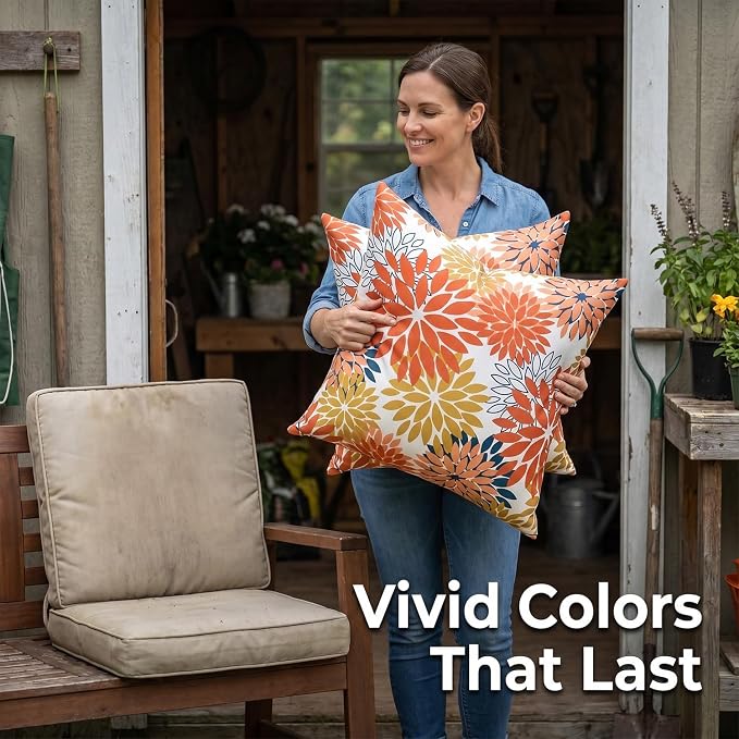 Decorative Throw Pillow Covers 20x20 Inches Set of 2 Outdoor Waterproof Pillow Covers Orange and Yellow Dahlia Square Pillowcases Spring Summer Cushion Covers for Inside and Outdoor