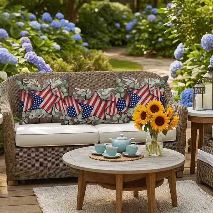 4th of July Waterproof Outdoor Pillow Covers Set of 2 Home Decor, Vintage Eucalyptus Leaf Stars Stripes Flag Pillowcase Patio Pillow Covers for Couch Bench Furniture Garden 20x12in