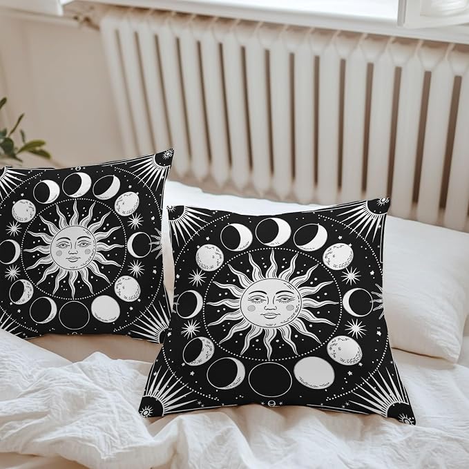 Celestial Sun and Moon Waterproof Outdoor Pillow Covers Set of 2 Home Decor, Black Starry Galaxy Boho Lumbar Pillowcase Patio Pillow Covers for Couch Bench Patio Furniture Garden 20x20in