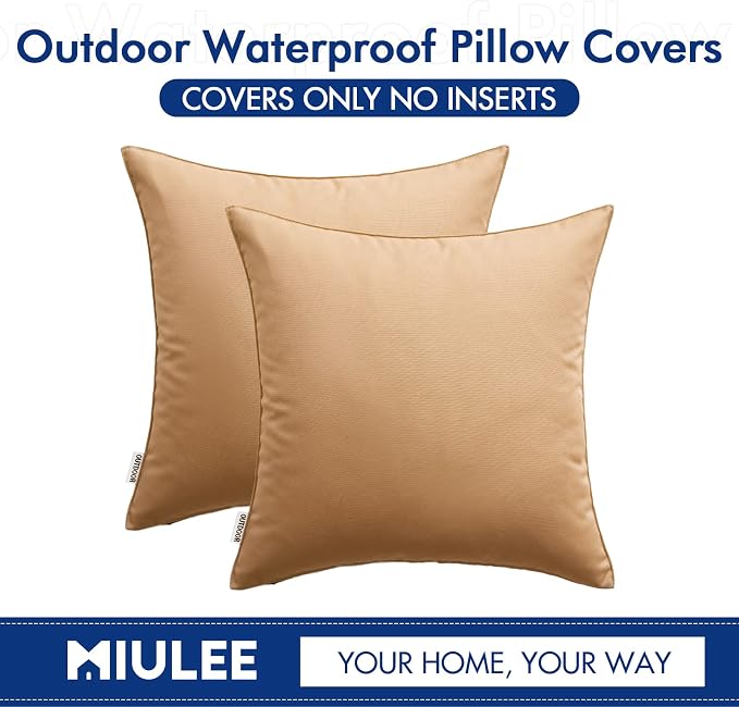 MIULEE Decorative Outdoor Waterproof Pillow Covers 16x16 Light Brown | Decorative Patio Furniture,Pack of 2,Accent Square Soild Throw Pillow Covers,Summer Garden Tent Couch Sofa