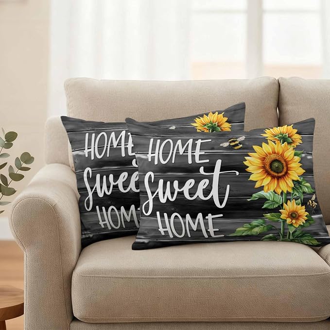 Lumbar Pillow Covers 20x12 Inch Set of 2, Spring Sunflowers Waterproof Outdoor Pillow Covers, Black Wooden Grain Country Farm Decorative Cushion Pillowcases for Couch, Sofa, Bed, Garden, Patio