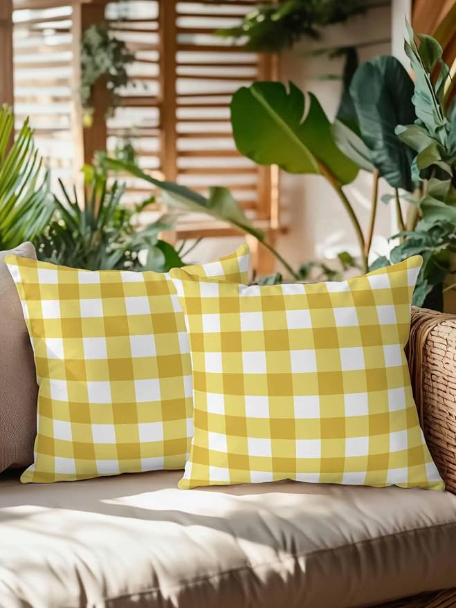 Waterproof Outdoor Pillow Set of 2 Yellow Buffalo Plaid Decorative Throw Pillows Cover & Insert 18x18 Inch Pillowcase Check Lines Square Pillows for Couch Sofa Bed Patio Furniture Indoor Outdoor