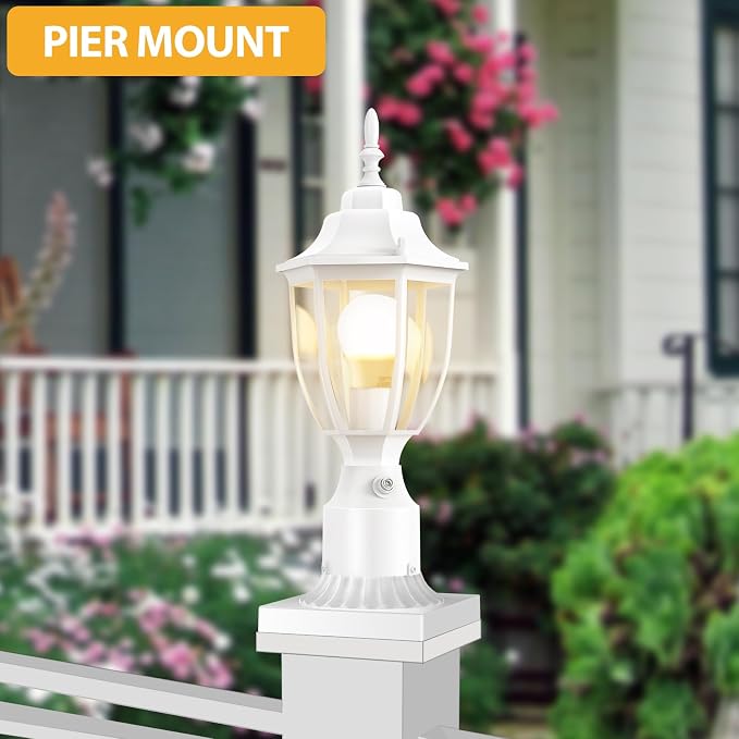 Lamomo Dusk to Dawn Outdoor Post Lights, Waterproof Aluminum White Lamp Post Light Fixture, Lamp Posts Outdoor Lighting Pole Lantern for Yard Patio Pathway Garden