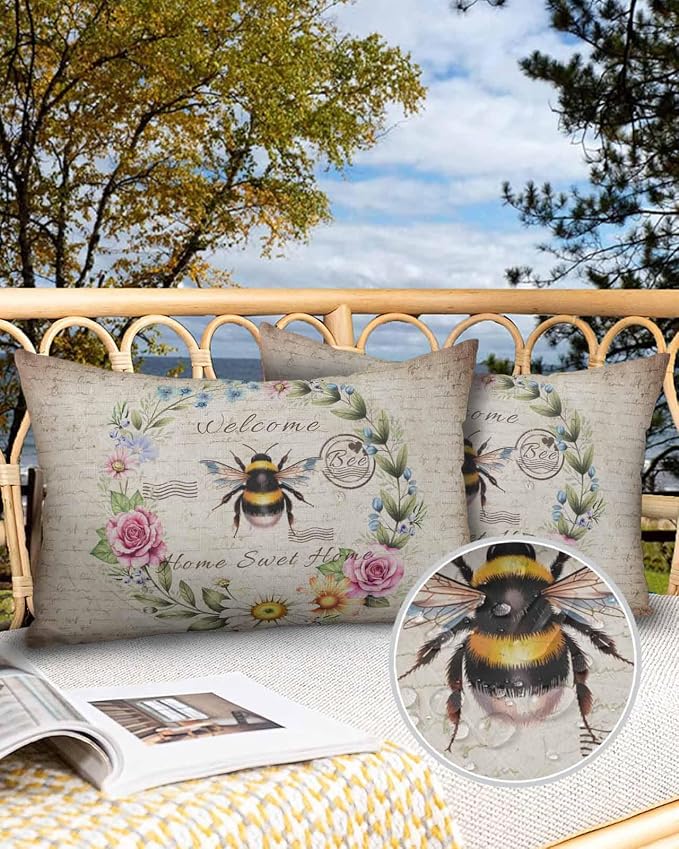 Outdoor Waterproof Throw Pillows Farmhouse Flower Leaf Wreath Patio Pillows,Decorative Pillow Covers with Insert,Pillow Cushion Case for Garden Couch Sofa Rustic Bee Retro Letter