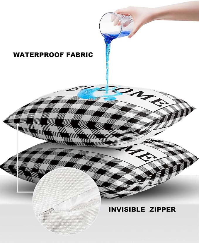 Outdoor Waterproof Pillow Covers for Patio Furniture Black Buffalo Check Plaid Decorative Throw Pillow Cover Welcome Pillowcases Set of 2 Cushion Case for Sofa Couch Chair Home Decor 24x24 inch