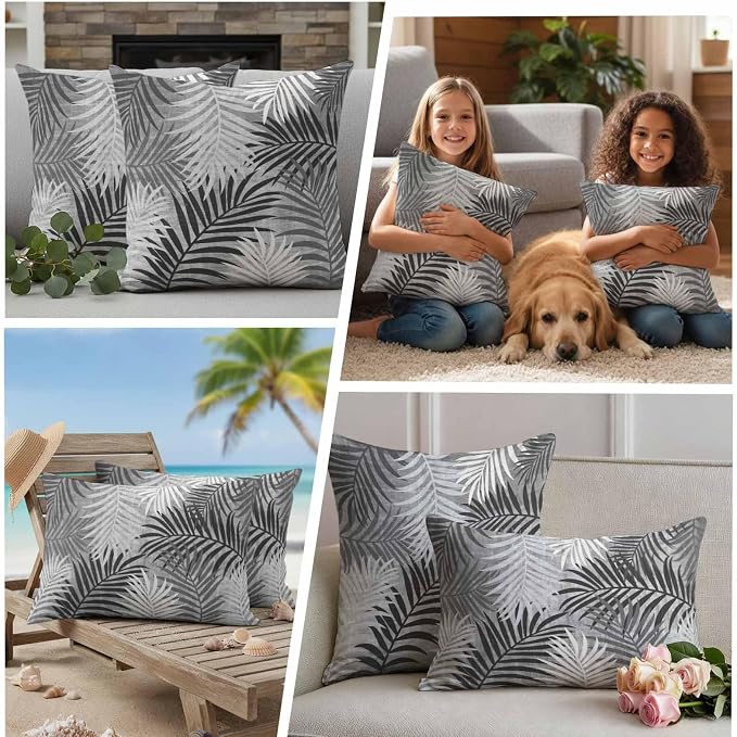 Outdoor Waterproof Throw Pillow Covers, Grey Palm Leaves Decorative Pillow Cases, Summer Botanical Tropical Leaf Couch Pillow Protector Patio Sofa Cushion Covers Replacement 26"x26" 2 Pack