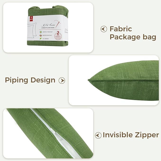 Lumbar Pillow Covers Set of 2, Outdoor Indoor Waterproof Patio Lumbar Pillowcase Shell 12x20 Inch, Rectangular Cushion Case for Couch Sofa Garden Farmhouse-Tropical Linen Green