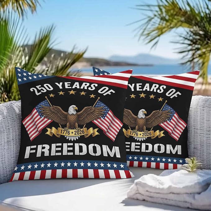 250 Years Anniversary Outdoor Waterproof Throw Pillow Covers 20x20 Set of 2, American Flag Eagle Independence Day Decor Pillowcases Cushion Pillowcase for Couch Sofa Patio Outside Pillow Protector