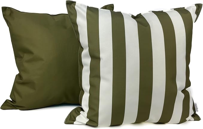 Pack of 2 Solid and Stripe 20''x20'' Outdoor Waterproof Olive Green Throw Pillow Covers Decorative Square Cushion Patio Pillows for Patio Furniture (Martini Olive)