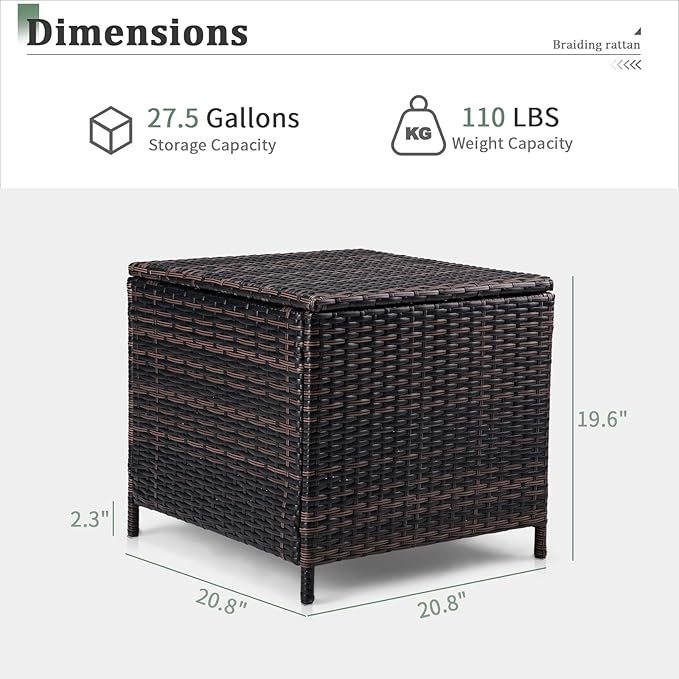 VINGLI Outdoor Side Table with Storage, 27-Gallon Patio Deck Box Outdoor Wicker Side Table for Poolside Balcony Storage Table (Brown, Square)