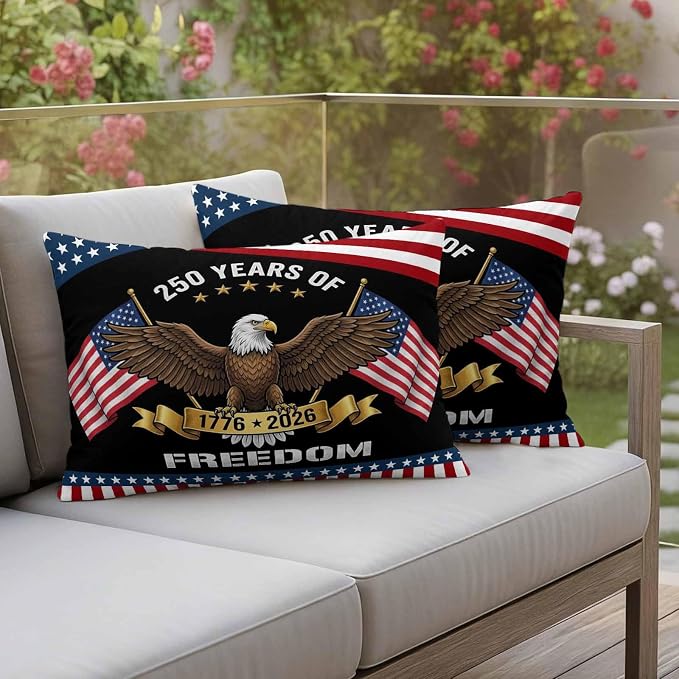 250 Years Anniversary Outdoor Waterproof Throw Pillow Covers 20x12 Set of 2, American Flag Eagle Independence Day Decor Pillowcases Cushion Pillowcase for Couch Sofa Patio Outside Pillow Protector