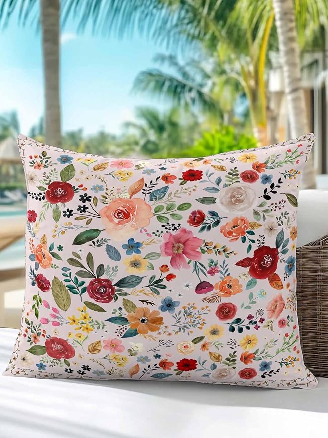 Outdoor Waterproof Throw Pillows Watercolor Leaf Colorful Bloom Floral Patio Pillows,Decorative Pillow Covers with Insert,Pillow Cushion Case for Garden Couch Sofa Vintage Country on Pink