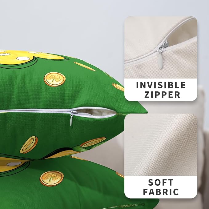 Set of 2 Saint Patricks Day Pillow Covers Lucky Hat with Gold Coin Shamrock Decorative Pillowcases 22x22 Green Polka Dots Lucky Clover Cushion Cases for March Holiday St Patrick Decor