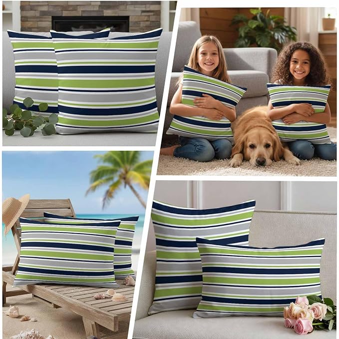 Lumbar Pillow Covers 12 x 20 Inches, Green Gray Striped Waterproof Throw Pillow Cover Set of 2, Farmhouse Stripes Modern Abstract Art Decorative Rectangle Cushion Covers for Patio/Couch/Garden
