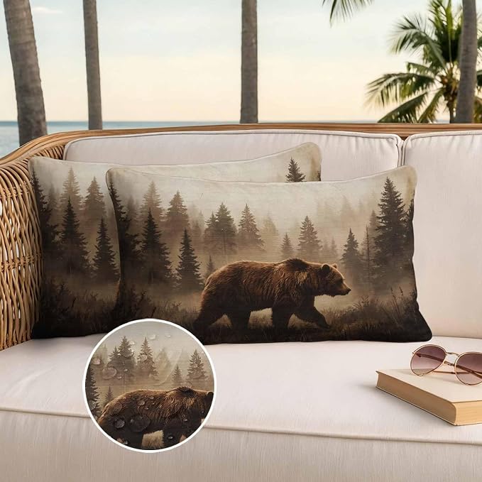 Yukro Nature Landscape Outdoor Waterproof Pillow Covers Pack of 2, Rustic Brown Bear Misty Forest Pine Tree Throw Pillowcases Decorative Cushion Covers for Garden Patio Tent Sofa Couch, 20x12 inch