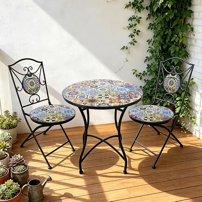 Folding Patio Chairs Set of 2 Mosaic Bistro Chair Outdoor Seating | Garden Patio Furniture Seating Heavy Duty Metal Frame Dining Chairs for Lawn Yard Balcony Porch Backyard Poolside