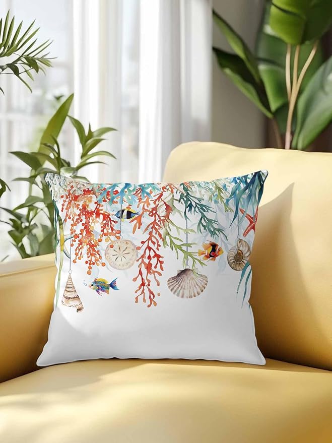 Outdoor Waterproof Throw Pillows Summer Colorful Coral Shell Conch Patio Pillows,Decorative Pillow Covers with Insert,Pillow Cushion Case for Garden Couch Sofa Sea Starfish Fish Marine Life
