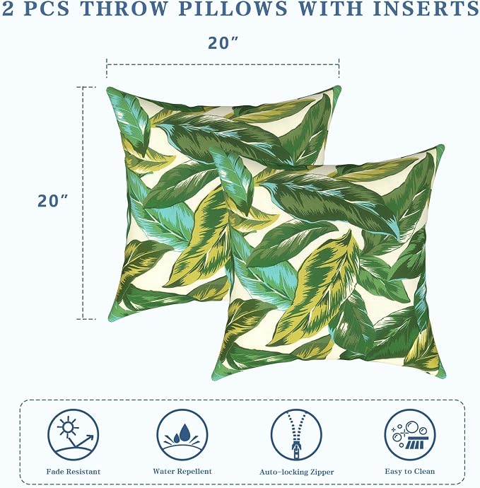 LVTXIII Outdoor Pillows 20x20 Inch, 2 Pack Large Decorative Square Throw Pillows with Inserts for Couch, Bed, Floor Seating, Patio Furniture, Lush Leaf Jungle