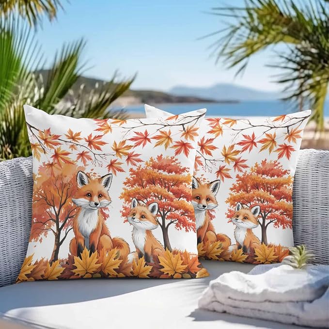 Orange Fox Outdoor Waterproof Pillow Covers, Thanksgiving Maple Leaves Autumn Trees Decorative Square Throw Pillowcase Sofa Cushion Sham for Patio/Couch/Chair, 18"x18" 2 Pack