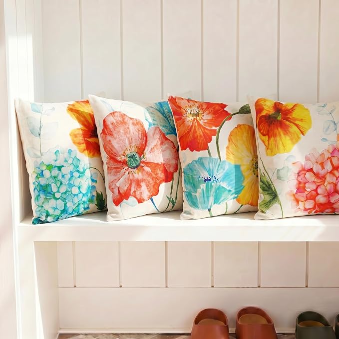 Summer Outdoor Throw Pillow Covers Waterproof, Lotus Flower Hydrangea Decor | 18x18 Summer Outdoor Pillow, Lotus Flower Decor, Hydrangea Pillow Covers, Set of 4, Outdoor Pillows for Porch Patio Furniture