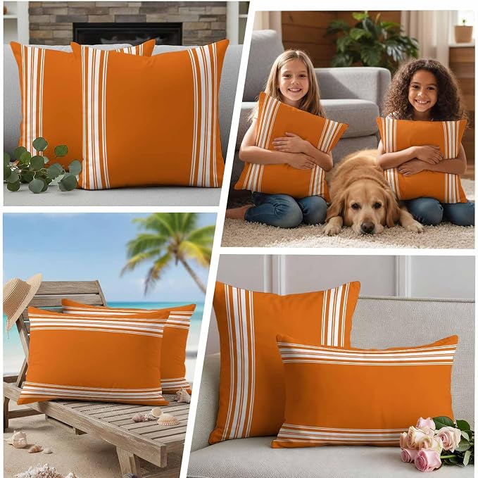 Outdoor Pillow Covers 18x18 Set of 2 Fall Orange Stripes Outdoor Pillows Waterproof Throw Pillow Covers French Stripe Farmhouse Style Pillowcases Decorative Case for Patio Cushion