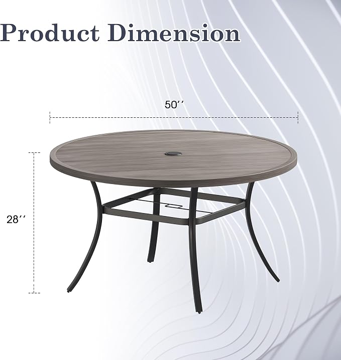 Outdoor Dining Table for 6, 50" Round Outdoor Table with Adjustable Umbrella Hole, All-Weather Metal Patio Dining Table for Lawn Garden Backyard Deck, Grey