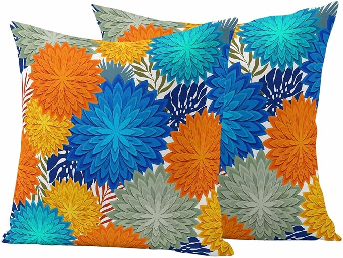 Blue Sage Green Flowers Outdoor Pillow Covers Waterproof, All Weather Cushion Case Set of 2, Boho Colorful Floral Plant Decorative Pillowcases for Sofa Couch Bed Decor Patio Furniture 18"x18"