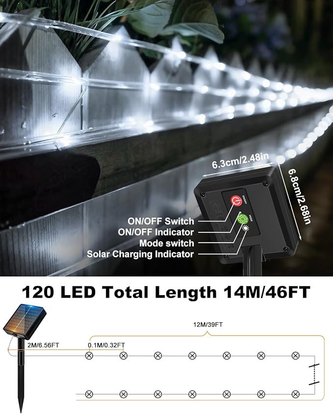 btfarm 2 Pack Solar Rope Lights Outdoor, 120LED 46FT Solar String Lights Outside Waterproof, 8 Lighting Modes Tree Trampoline Light Solar Powered for Garden Christmas Yard Party Decoration, Cool White