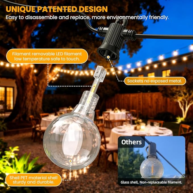 LED Outdoor String Lights, 50FT Patio Lights Outdoor Waterproof with 25+2 Shatterproof G40 Edison Globe Bulbs, 2700K Warm White Hanging Light, Dimmable Light for Outside Backyard Garden Bistro Porch