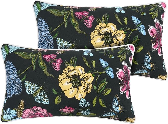 Outdoor Lumbar Pillow Covers 12X20 Inch, No Insert-Black Flower Butterfly | Patio Lumbar Cases Pack of 2, Water-Repellent, Throw Pillowcase for Couch Garden Furniture