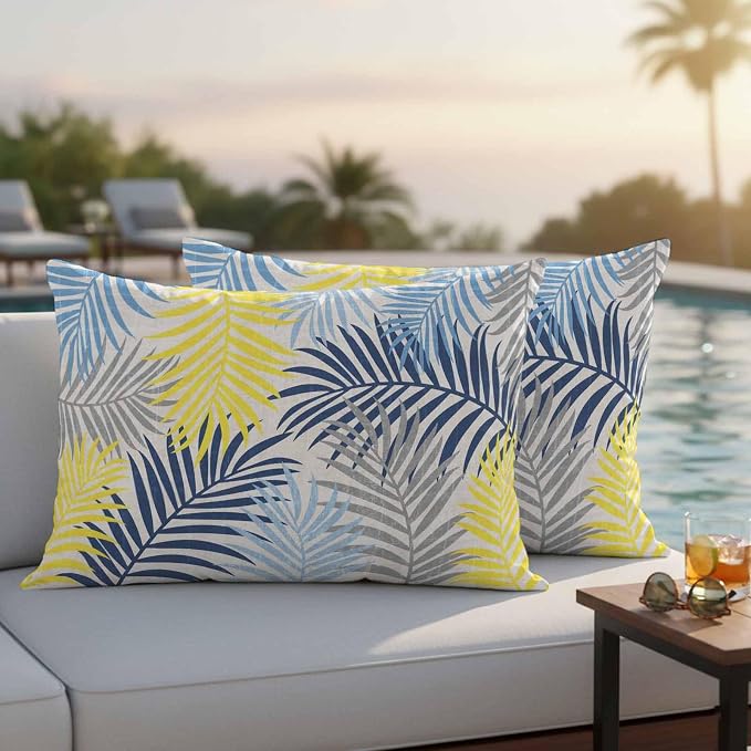 Outdoor Waterproof Throw Pillow Covers, Blue Yellow Grey Palm Leaves Decorative Pillow Cases, Summer Botanical Tropical Leaf Couch Pillow Protector Patio Sofa Cushion Covers Replacement 20"x12" 2 Pack