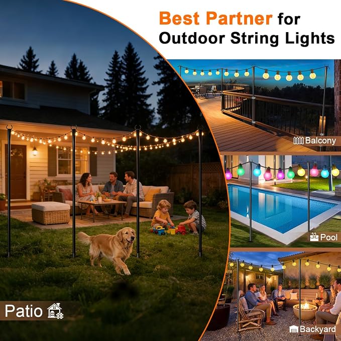 6 Pack String Light Poles for Outside, Upgraded Heavy-Duty Metal Poles for Outdoor String Lights with Fork, Adjustable Lighting Hanging Accessories for Patio Decor Pergola Backyard Garden Decorations