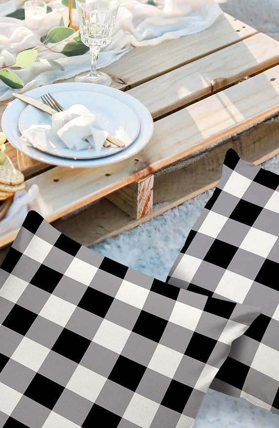 Outdoor Waterproof Pillow Covers for Patio Furniture Buffalo Check Decorative Throw Pillow Cover Black White Plaid Rustic Pillowcases Set of 2 Cushion Case for Sofa Couch Chair Home Decor 20 x 20 Inch