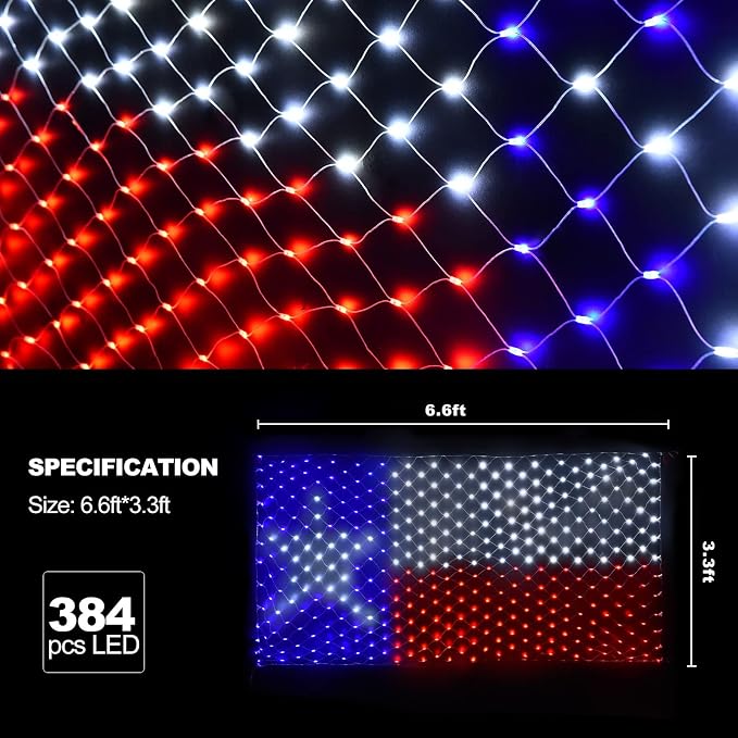 Leisure world Texas Flag Lights 384 Super Bright LED Lighted Texas Flags, Waterproof Net Lights Decoration for 250th Anniversary, Independence Day (July 4th), Memorial Day, Christmas & Holiday Party
