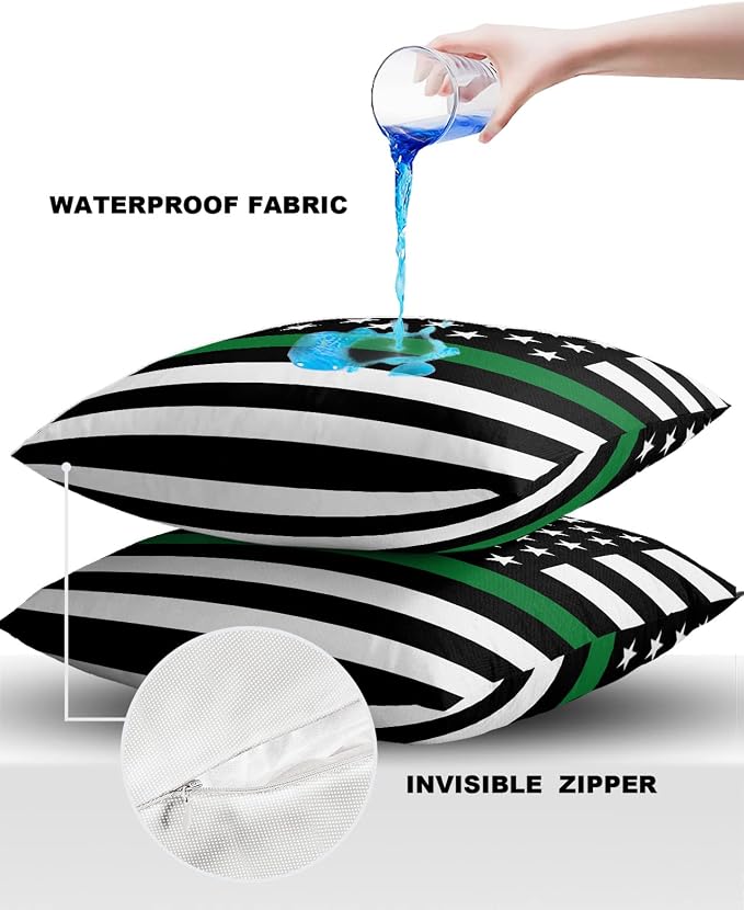 Outdoor Waterproof Pillow Covers Set of 2, Thin Green Line Flag Border Patrol, Park Ranger and Conservation Officer Patio Throw Pillow Covers, Decorative Cushion Case for Sofa Furniture, 24x24 Inch