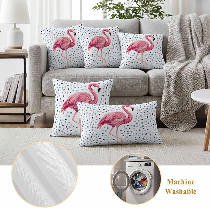 Flamingo Outdoor Waterproof Throw Pillow Covers 20 x 12 Inches Set of 2 Art Flamingo Blue Polka Dots Summer Tropical Decorative Cushion Cover Pillowcase for Garden Patio Tent Beach Sofa Couch
