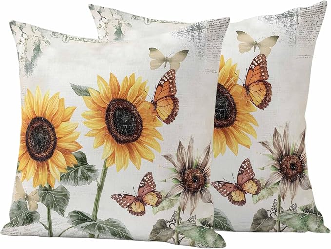 Sunflower Outdoor Waterproof Throw Pillow Covers Set of 2, 24"x24", Farmhouse Rustic Retro Summer Floral Butterfly Decorative Pillow Covers Outside Cushion Case for Patio Porch Garden